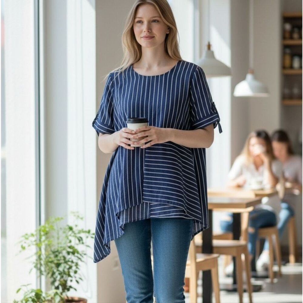 100% Linen Navy and White Asymmetrical Blouse